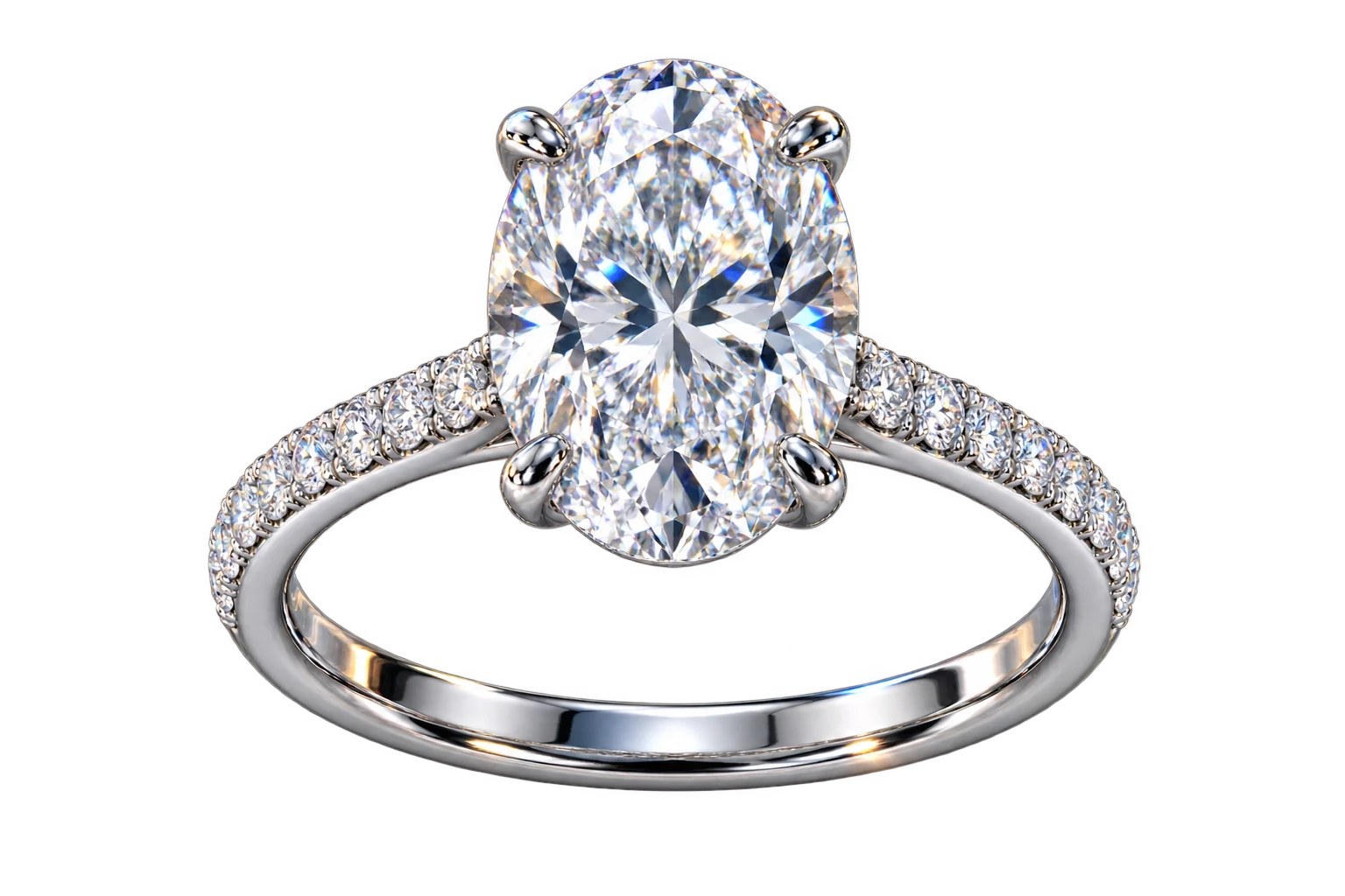 AI-assisted 3D concept of an oval diamond solitaire ring in platinum