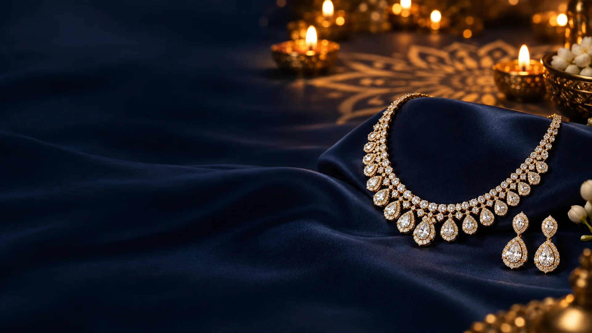 AI-assisted festive campaign concept with a natural-diamond necklace and earrings beside warm diya light